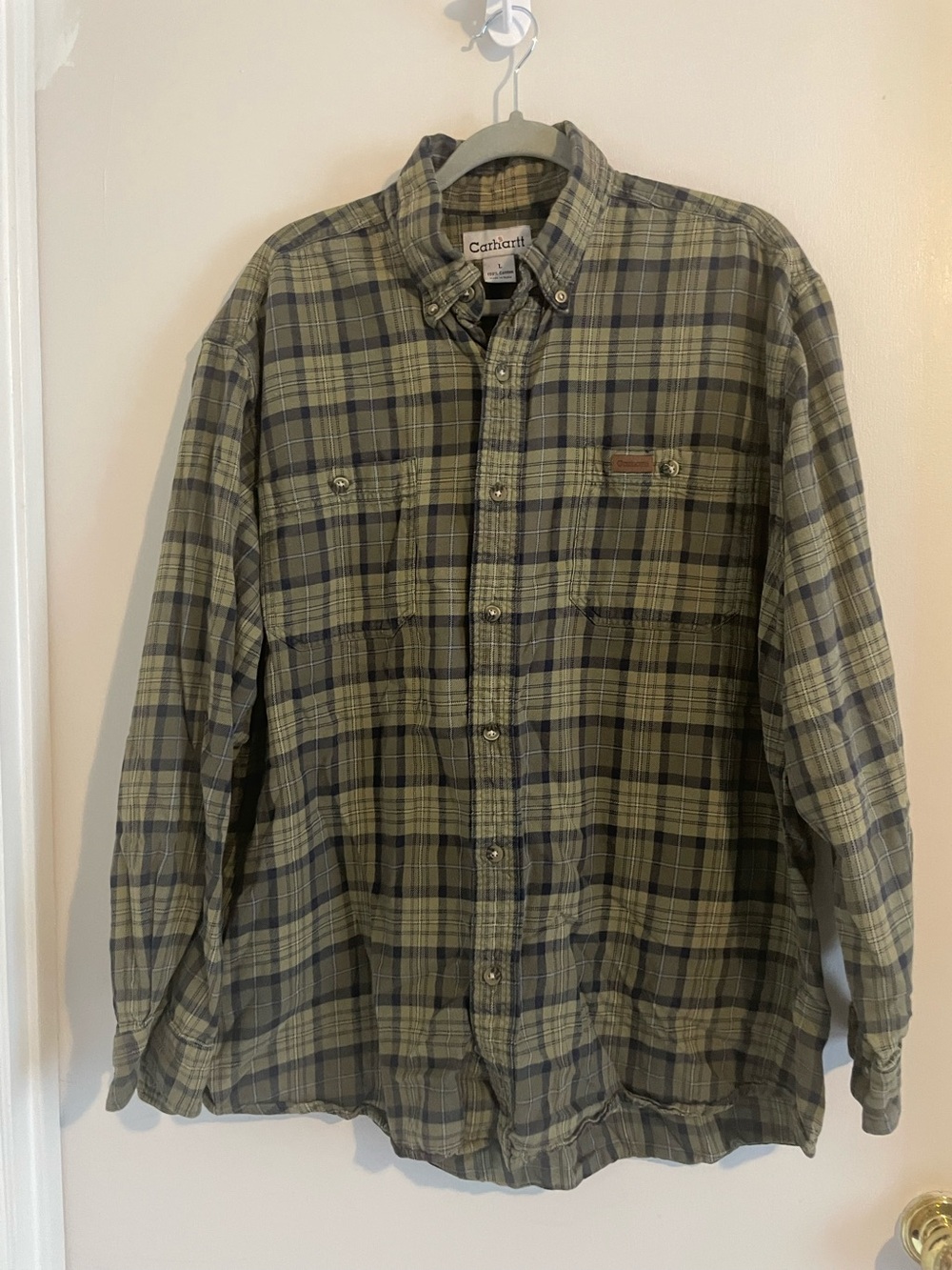 Carhartt Olive Green Plaid Button-Down Work Shirt Men’s Sz L EUC #405
